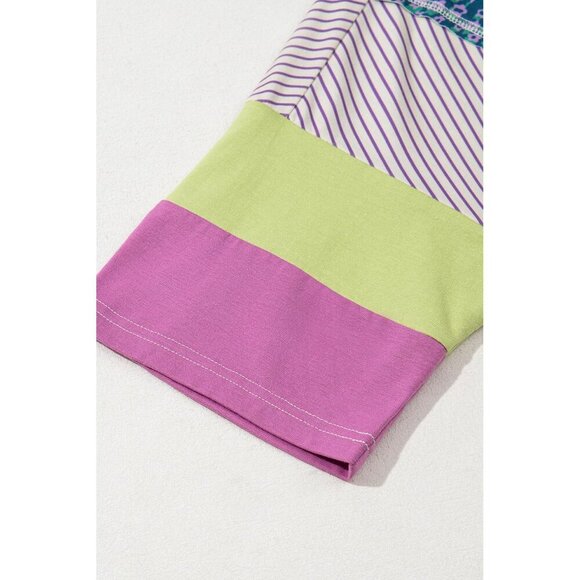 Purple Stripe Floral Color Block Raw Edge Patchwork Bracelet Sleeve Blouse - Picture 2 of 4